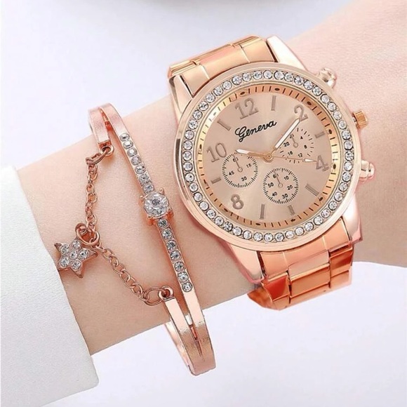 Rose gold Geneva watch and bracelet set